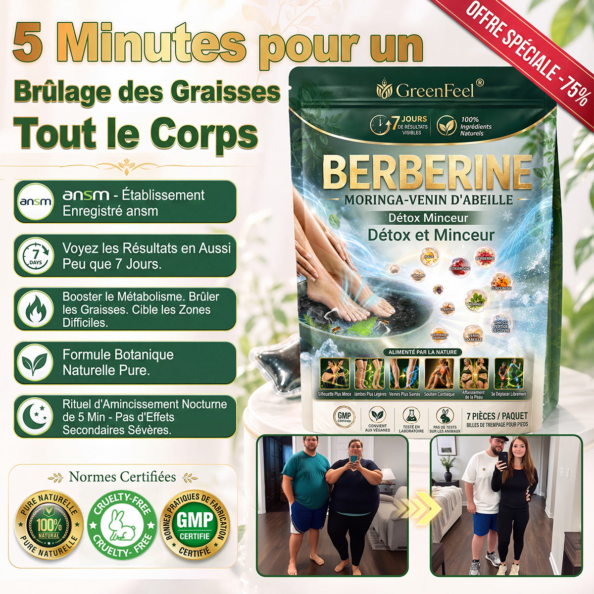 法☘️ GreenFeel® Berbérine, Moringa & Venin d’Abeille – Perles Détox Minceur pour Bain de Pieds, soutenant la gestion du poids, le drainage lymphatique, une circulation saine, le bien-être féminin et une peau visiblement plus ferme. 🔥